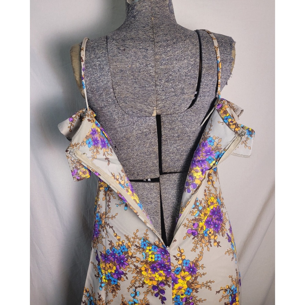 Vintage 60s 70s Handmade Maxi Dress Beige Floral Ruffles Purple‎ Yellow S - Picture 6 of 13